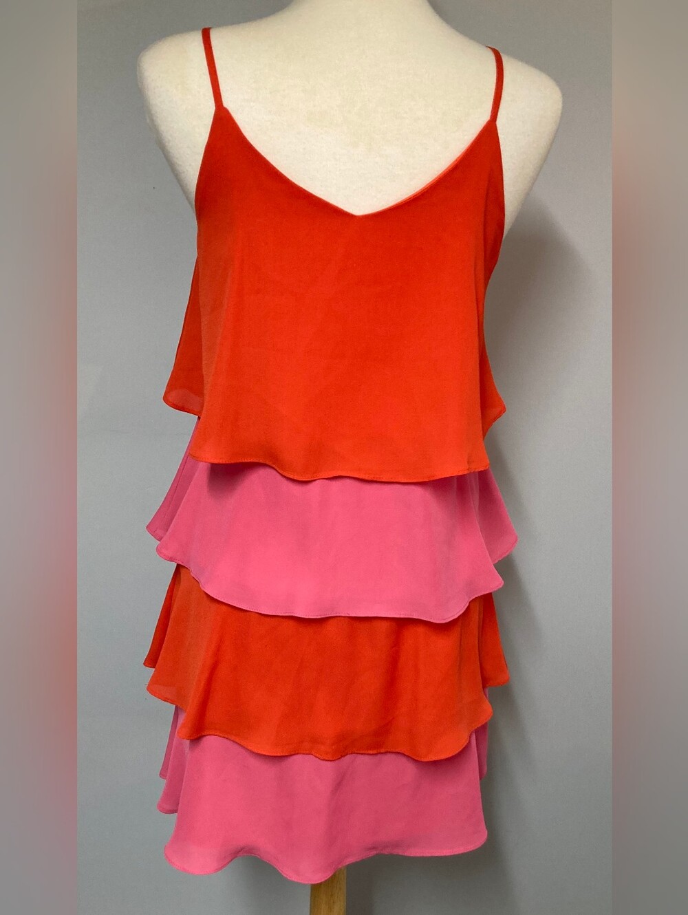 Layered Spaghetti Strap 4 Tiered Dress - Red & Pink